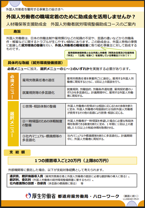 厚生労働省 人材確保等支援助成金 外国人労働者就労環境整備助成コースの案内